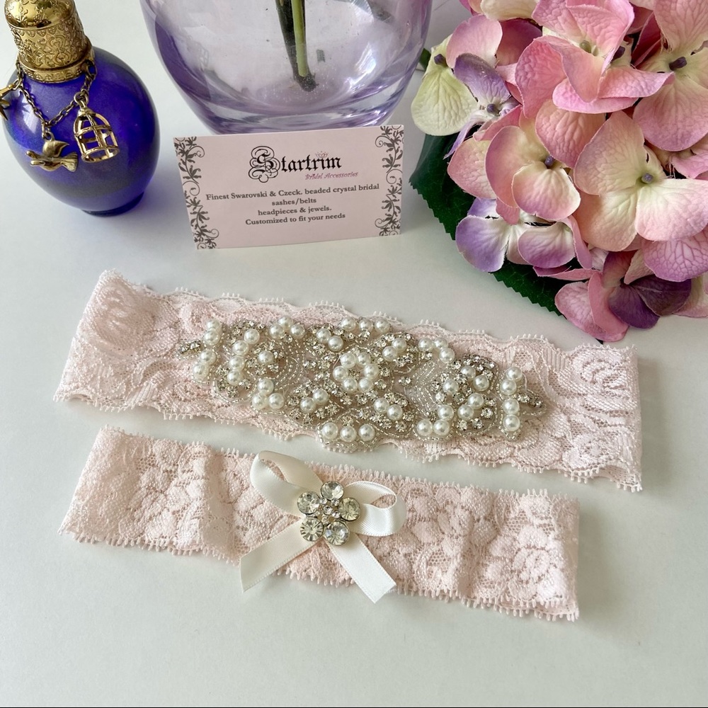Blush Pink Crystal & Pearl Wedding Garter Set